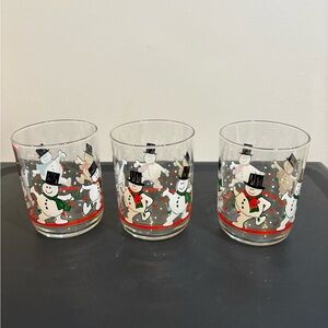 3 Libbey Vintage Christmas Holiday Glasses Dancing Snowmen Low Ball Barware